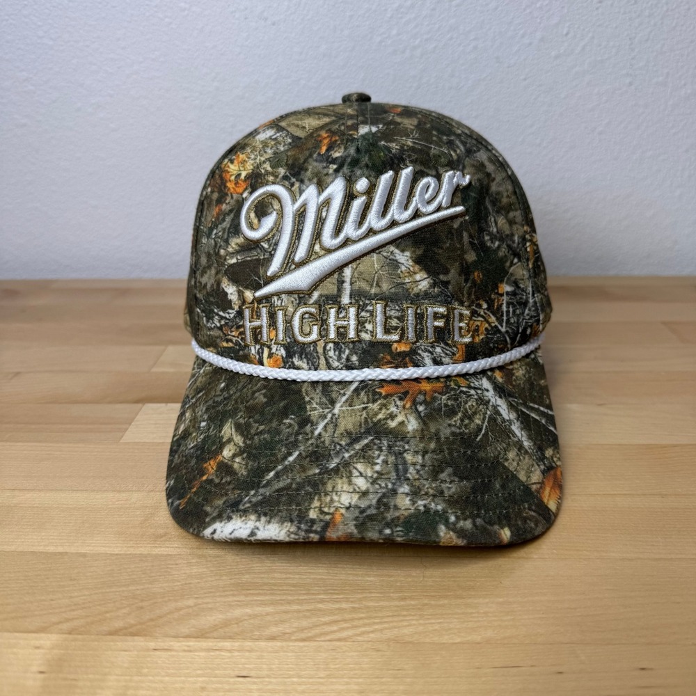 Miller High Life Camo Snapback Hat Embroidered Logo Rope Detail Camouflage Cap